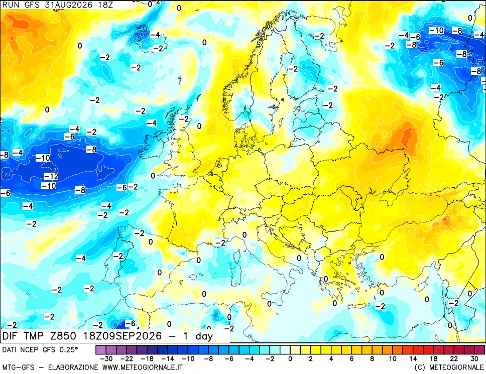 mappa 850 hPA Dif. Temp -24 ore