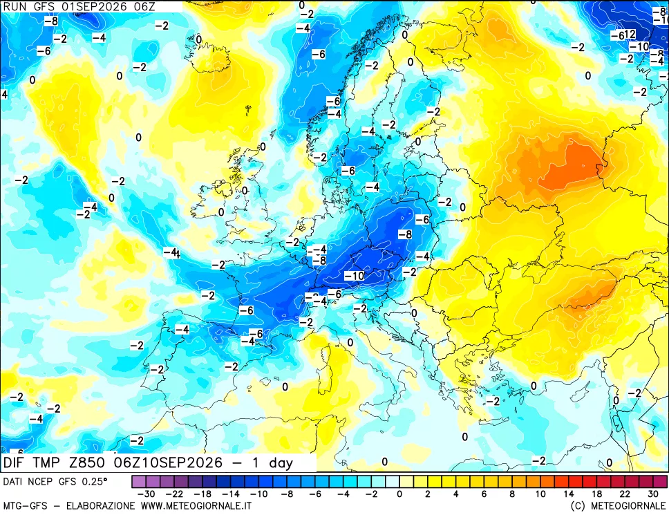 mappa Dif. Temp a 850 hPa Valid - 1 day