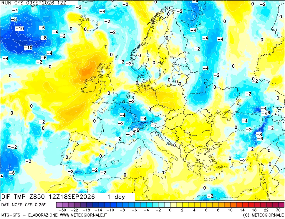 mappa Dif. Temp a 850 hPa Valid - 1 day