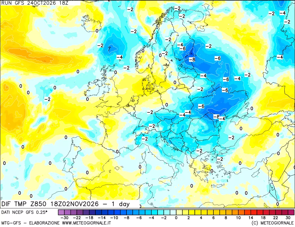 mappa Dif. Temp a 850 hPa Valid - 1 day