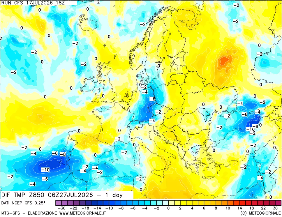 mappa Dif. Temp a 850 hPa Valid - 1 day