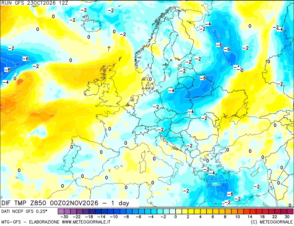 mappa 850 hPA Dif. Temp -24 ore