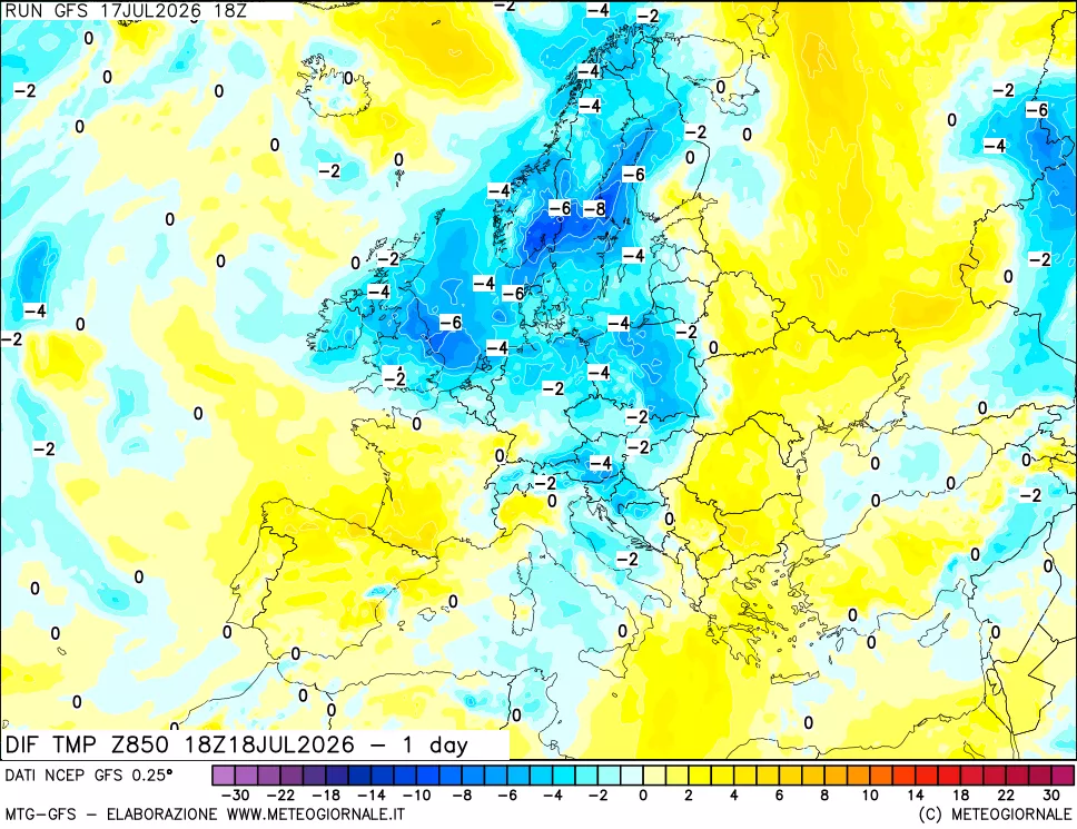 mappa 850 hPA Dif. Temp -24 ore
