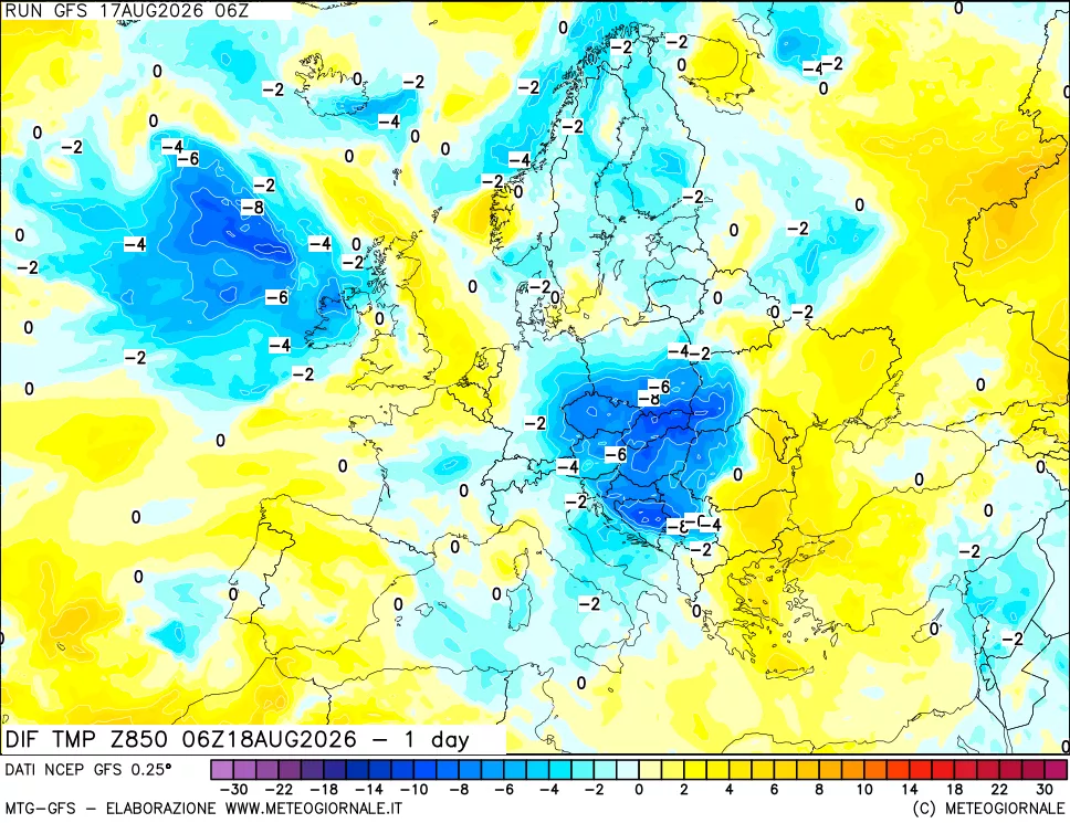 mappa 850 hPA Dif. Temp -24 ore