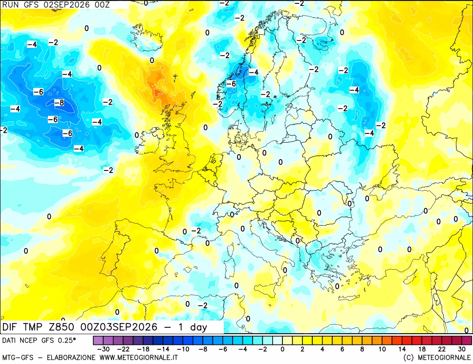 mappa 850 hPA Dif. Temp -24 ore