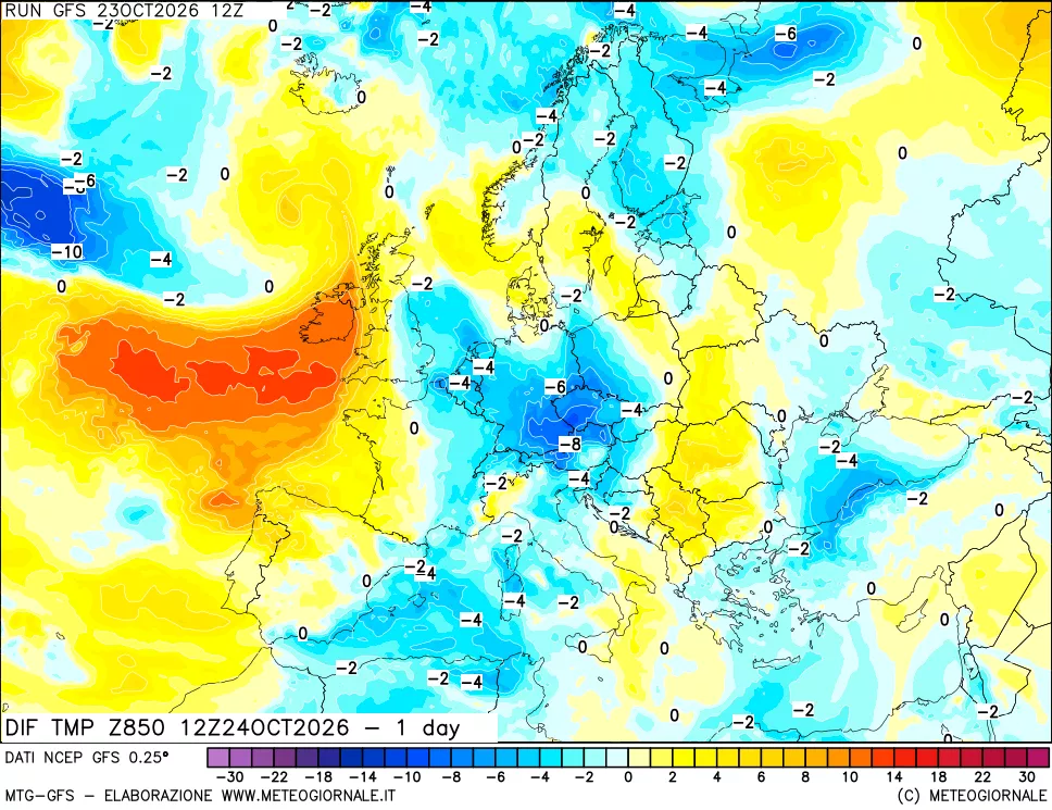 mappa 850 hPA Dif. Temp -24 ore