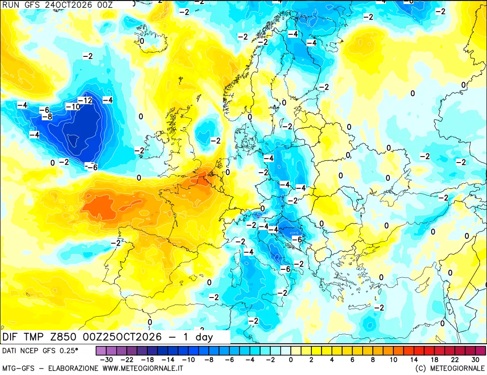 mappa 850 hPA Dif. Temp -24 ore
