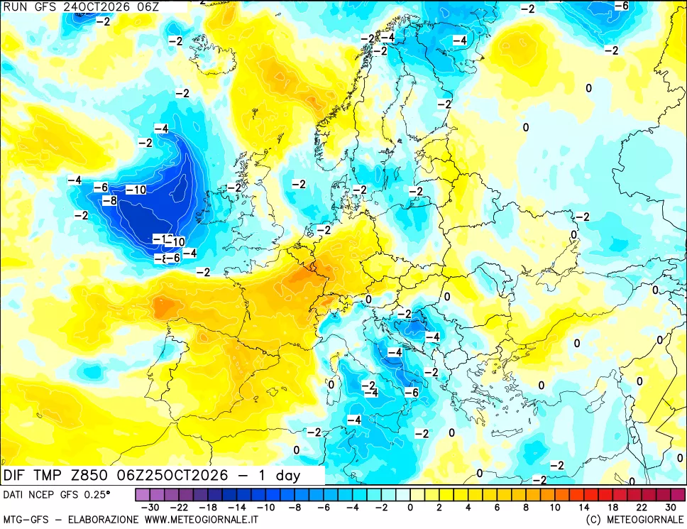 mappa 850 hPA Dif. Temp -24 ore