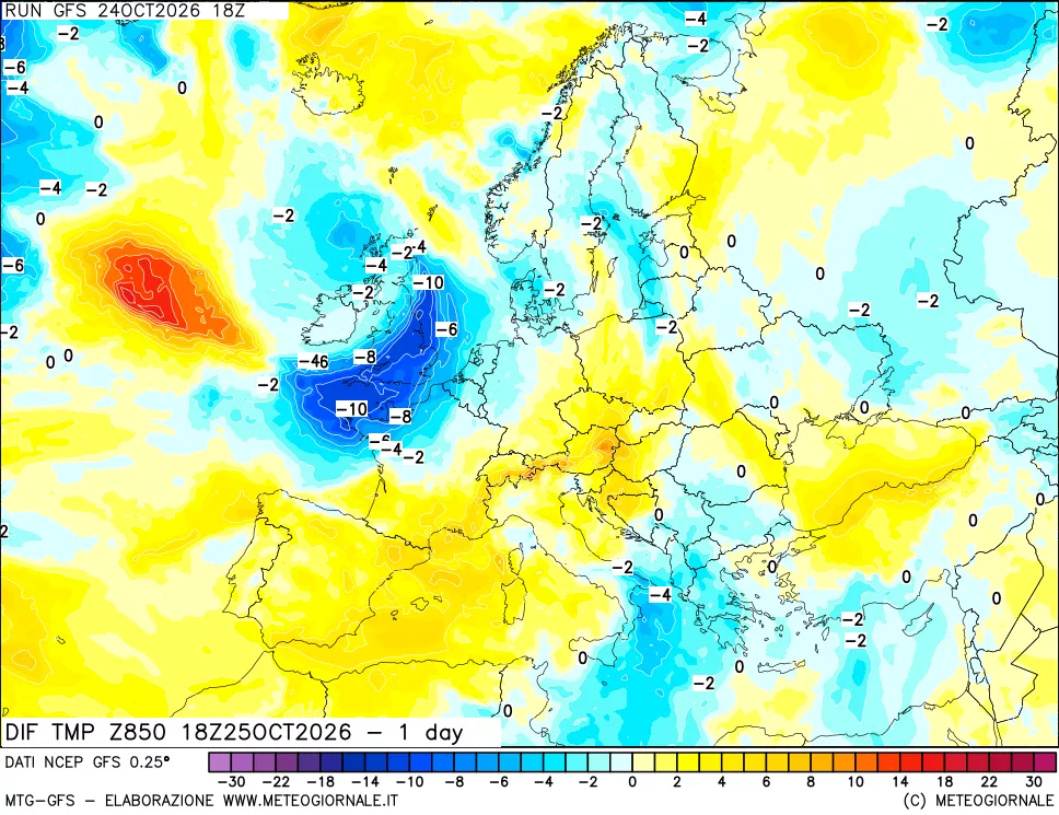 mappa 850 hPA Dif. Temp -24 ore