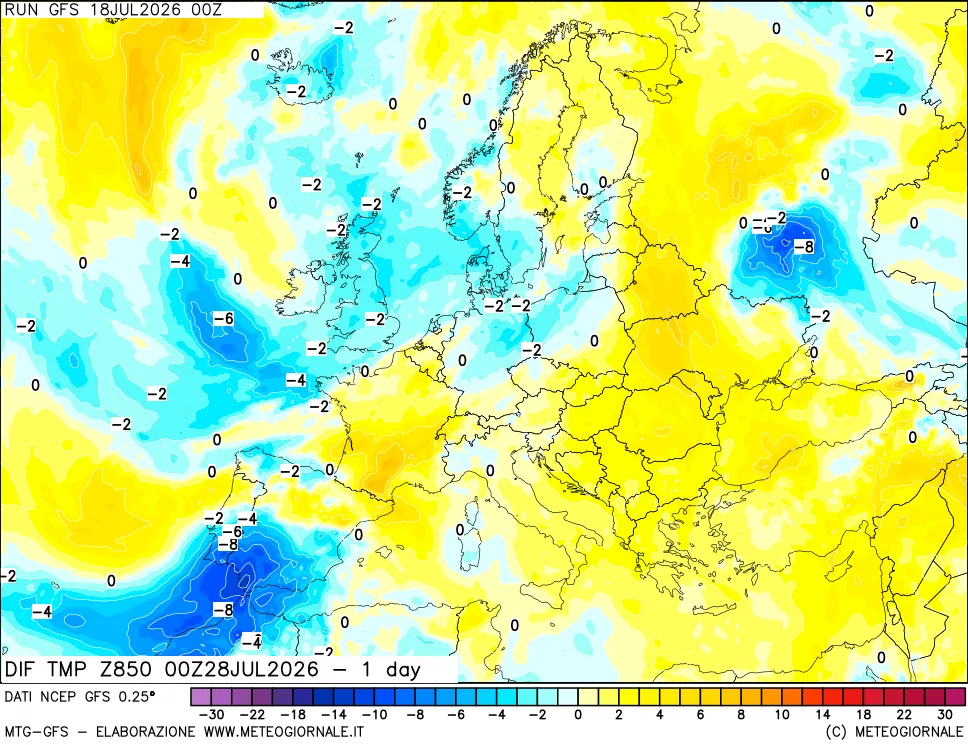 mappa Dif. Temp a 850 hPa Valid - 1 day