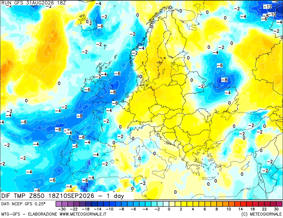 mappa 850 hPA Dif. Temp -24 ore