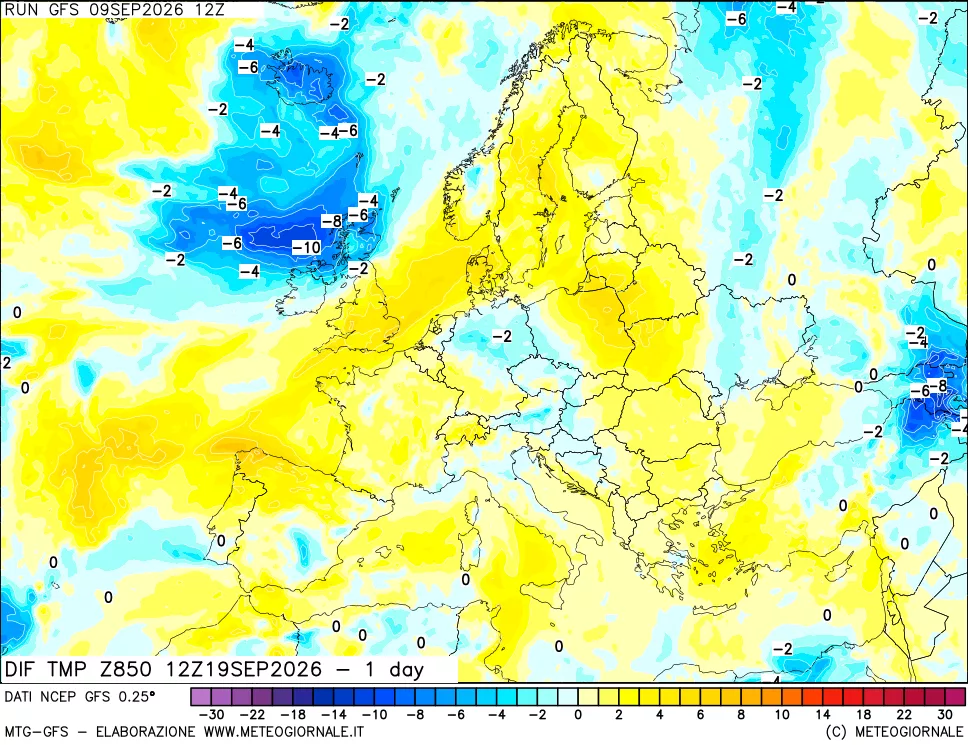 mappa Dif. Temp a 850 hPa Valid - 1 day