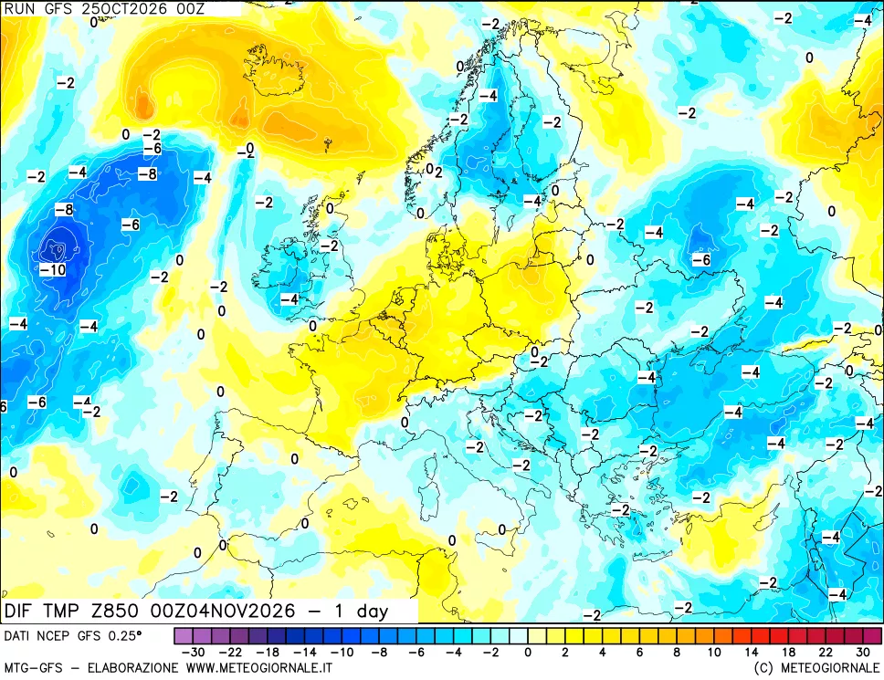 mappa Dif. Temp a 850 hPa Valid - 1 day