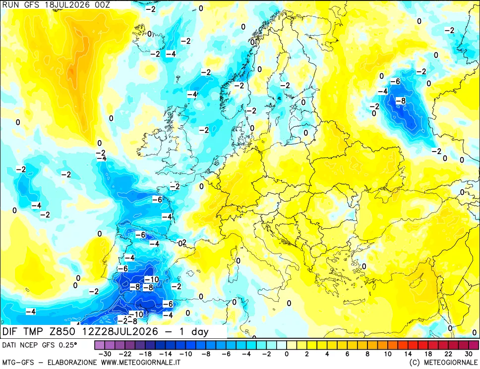 mappa Dif. Temp a 850 hPa Valid - 1 day