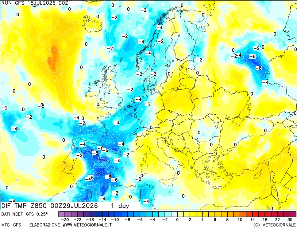 mappa 850 hPA Dif. Temp -24 ore