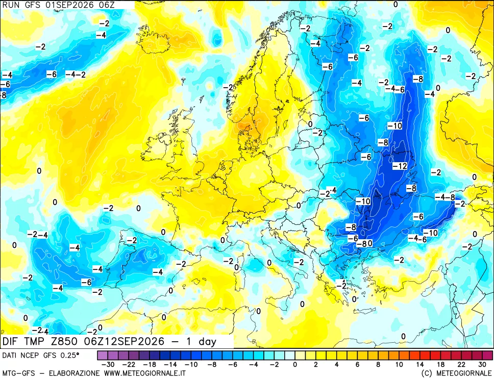 mappa Dif. Temp a 850 hPa Valid - 1 day