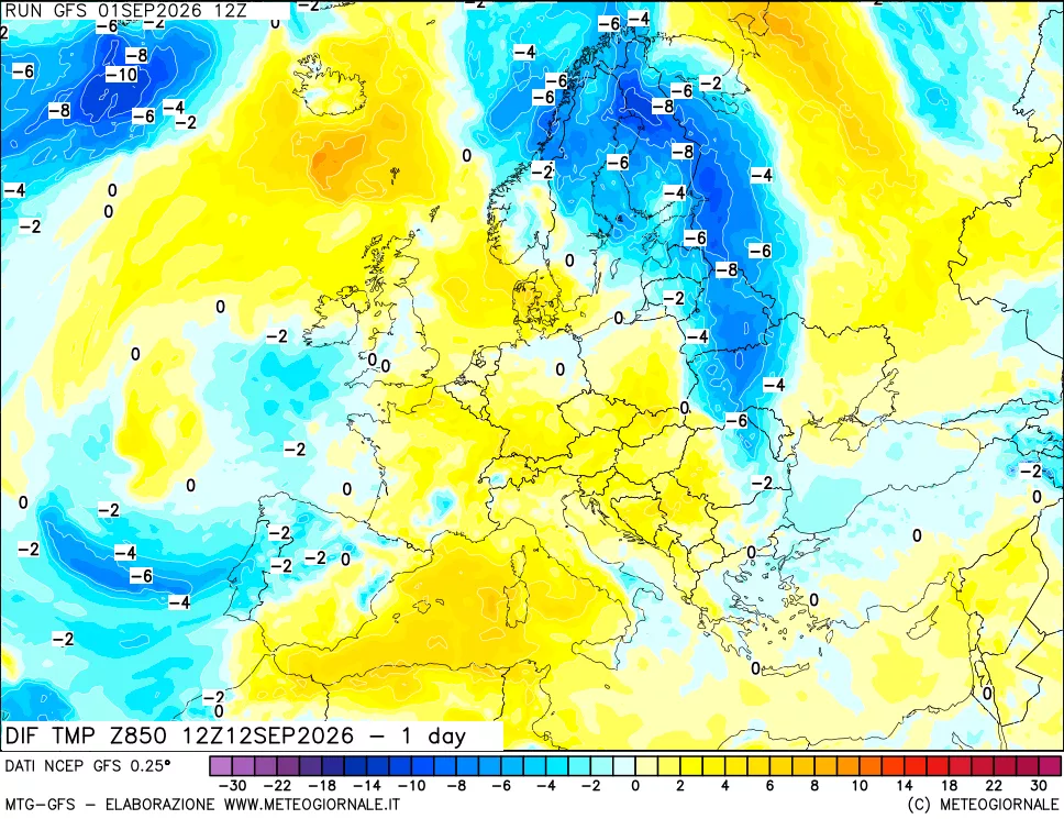 mappa 850 hPA Dif. Temp -24 ore