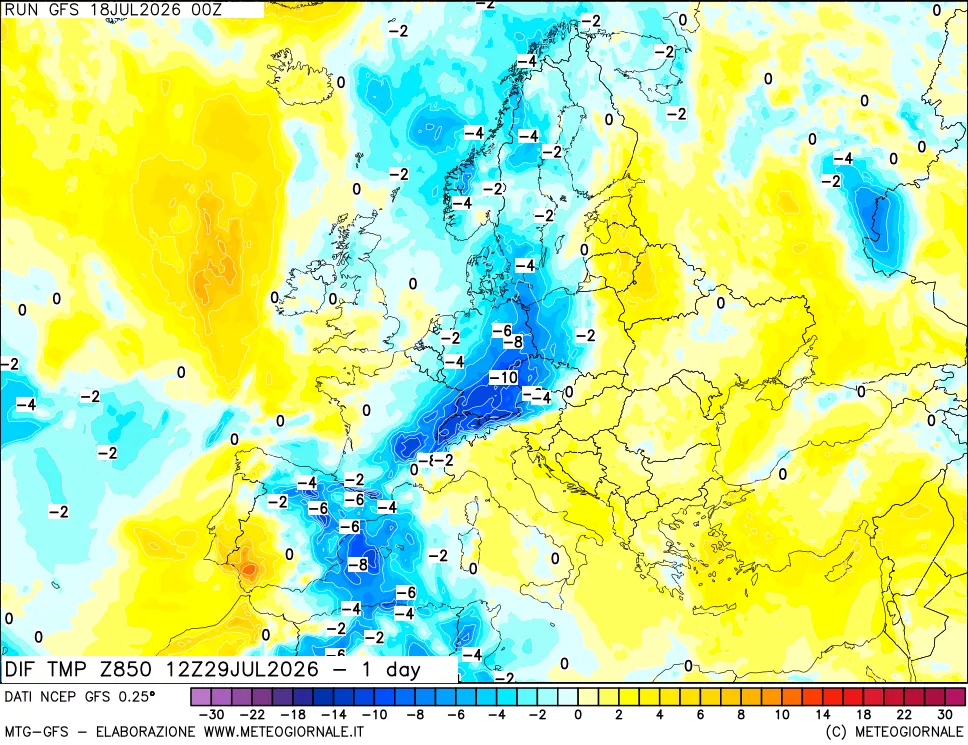 mappa 850 hPA Dif. Temp -24 ore