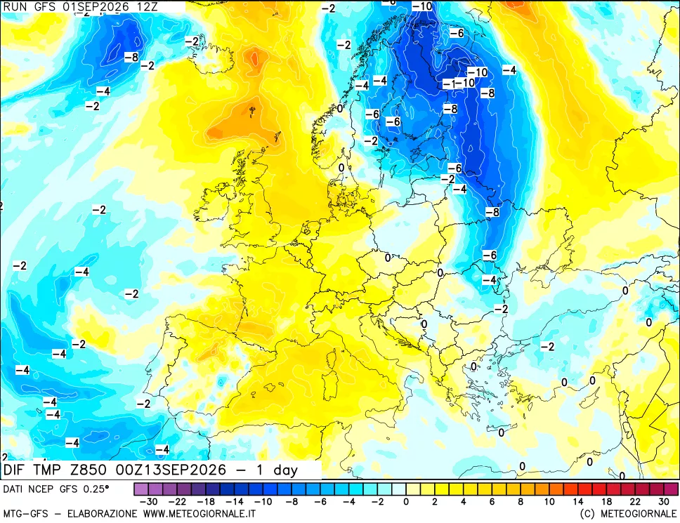 mappa Dif. Temp a 850 hPa Valid - 1 day