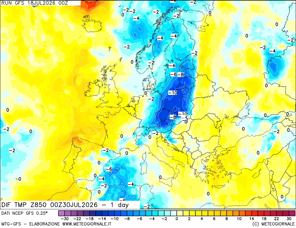 mappa Dif. Temp a 850 hPa Valid - 1 day
