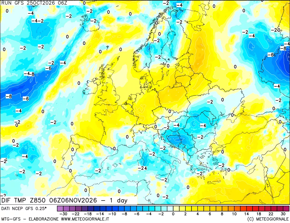 mappa Dif. Temp a 850 hPa Valid - 1 day
