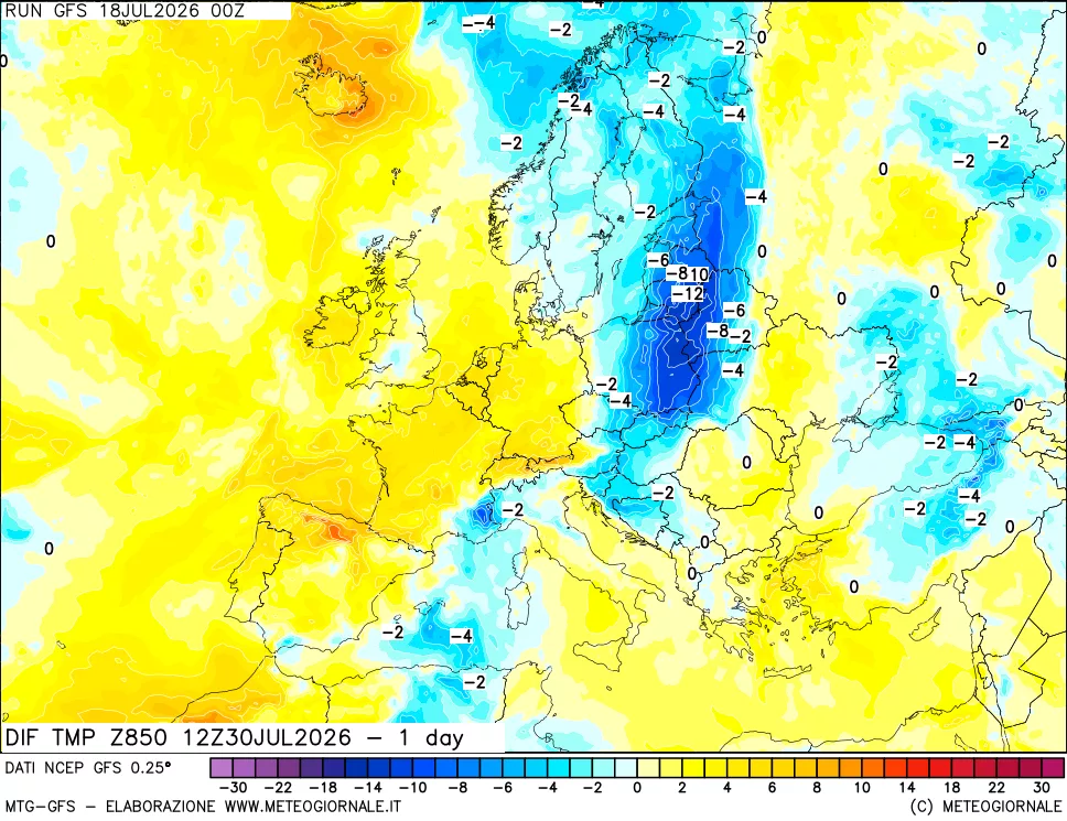 mappa Dif. Temp a 850 hPa Valid - 1 day