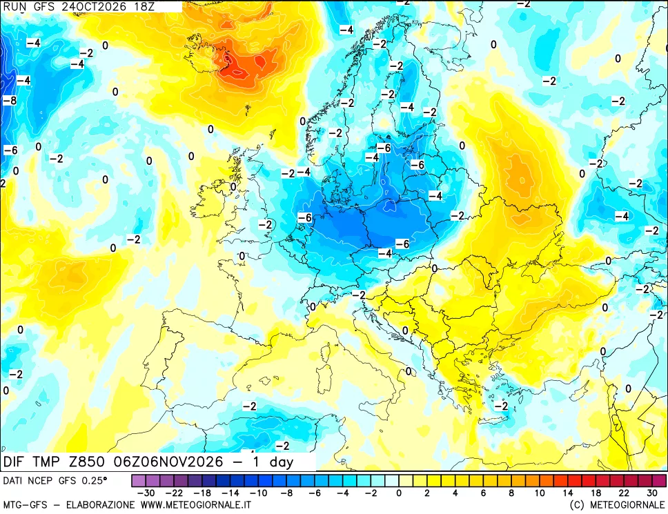 mappa Dif. Temp a 850 hPa Valid - 1 day