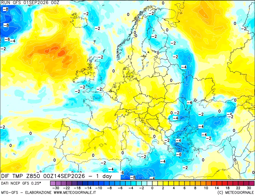 mappa Dif. Temp a 850 hPa Valid - 1 day