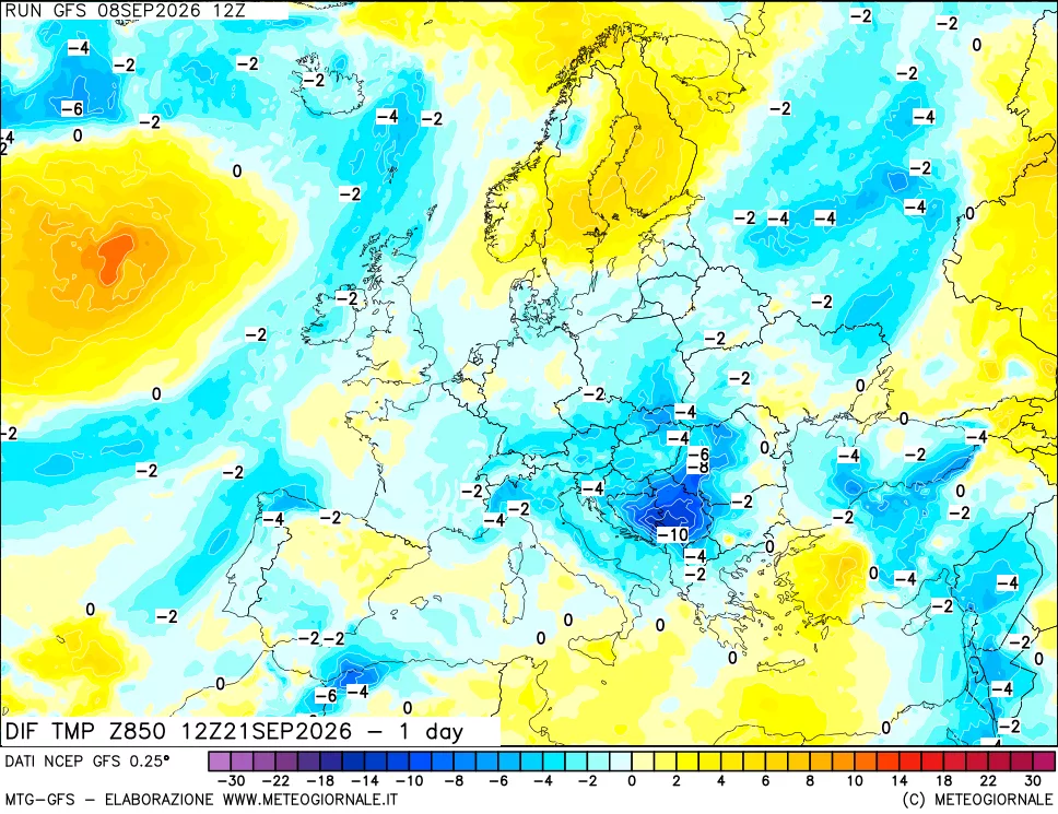 mappa Dif. Temp a 850 hPa Valid - 1 day