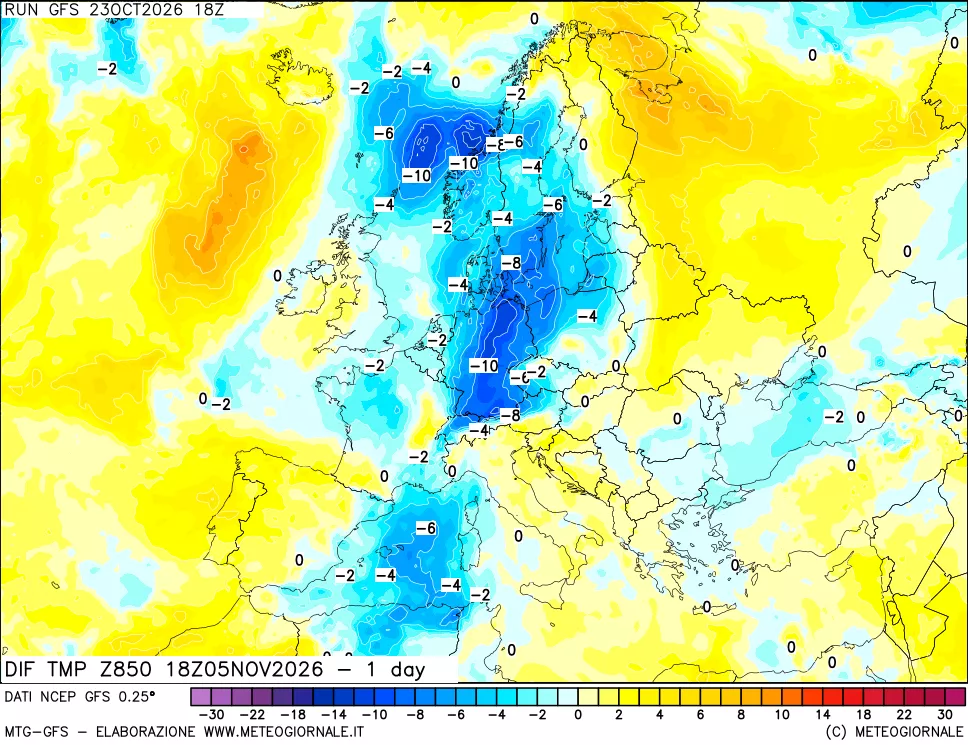 mappa 850 hPA Dif. Temp -24 ore