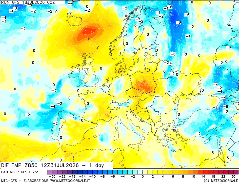 mappa Dif. Temp a 850 hPa Valid - 1 day
