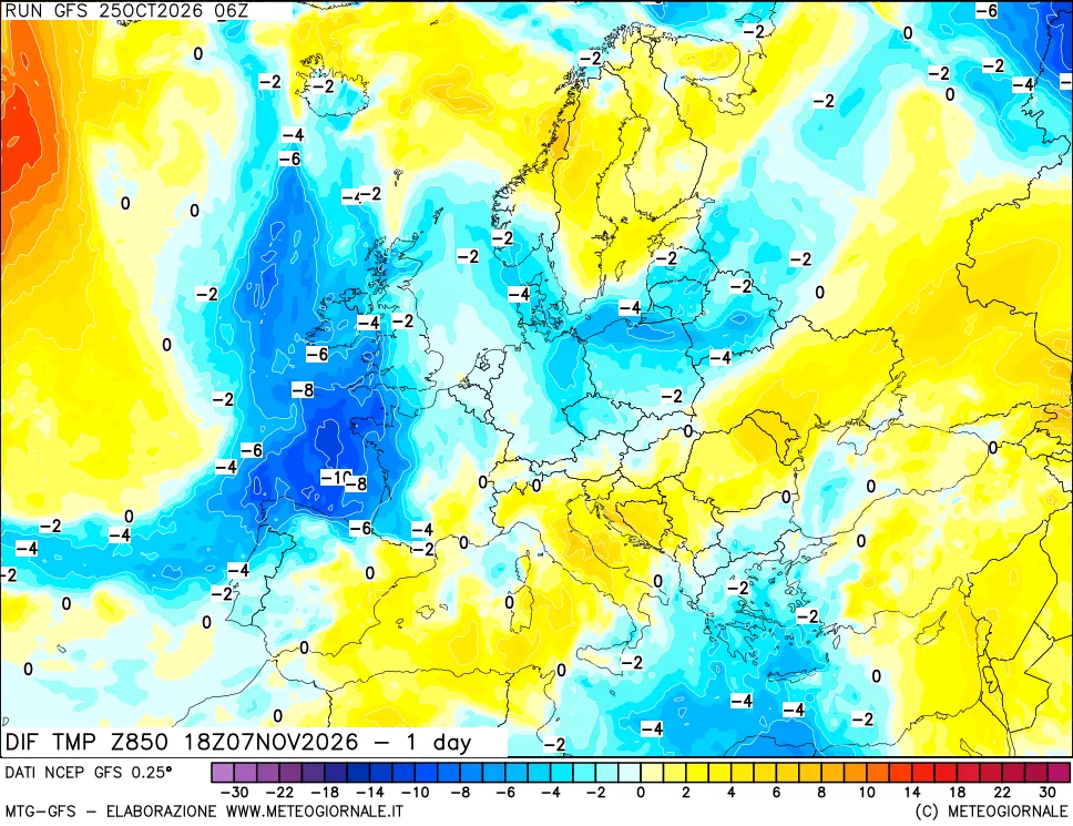 mappa Dif. Temp a 850 hPa Valid - 1 day