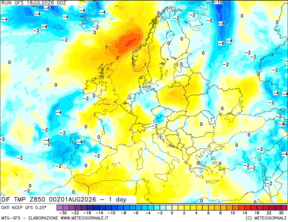 mappa Dif. Temp a 850 hPa Valid - 1 day