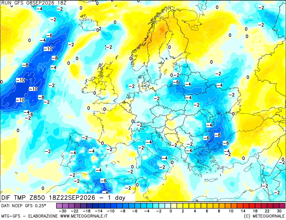 mappa Dif. Temp a 850 hPa Valid - 1 day