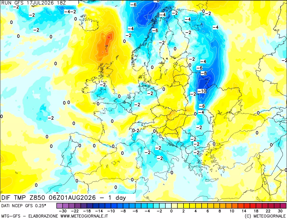 mappa Dif. Temp a 850 hPa Valid - 1 day