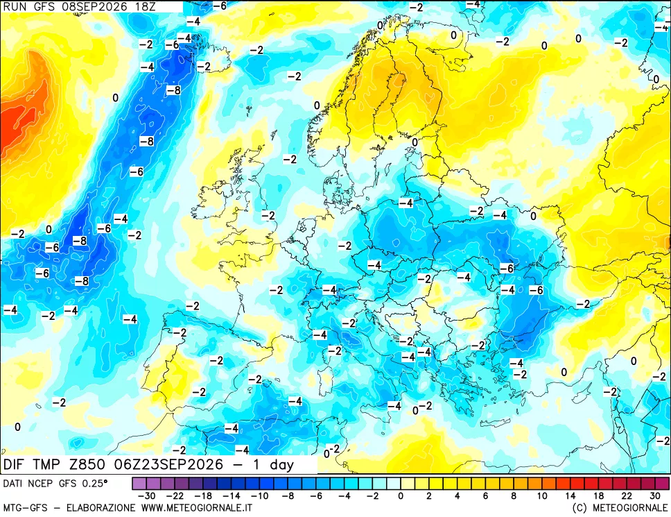 mappa Dif. Temp a 850 hPa Valid - 1 day