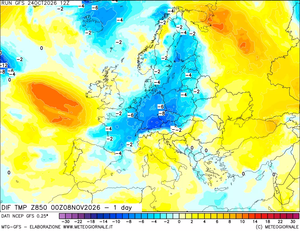 mappa Dif. Temp a 850 hPa Valid - 1 day