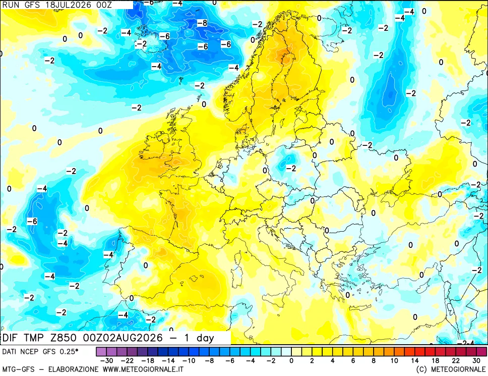 mappa Dif. Temp a 850 hPa Valid - 1 day