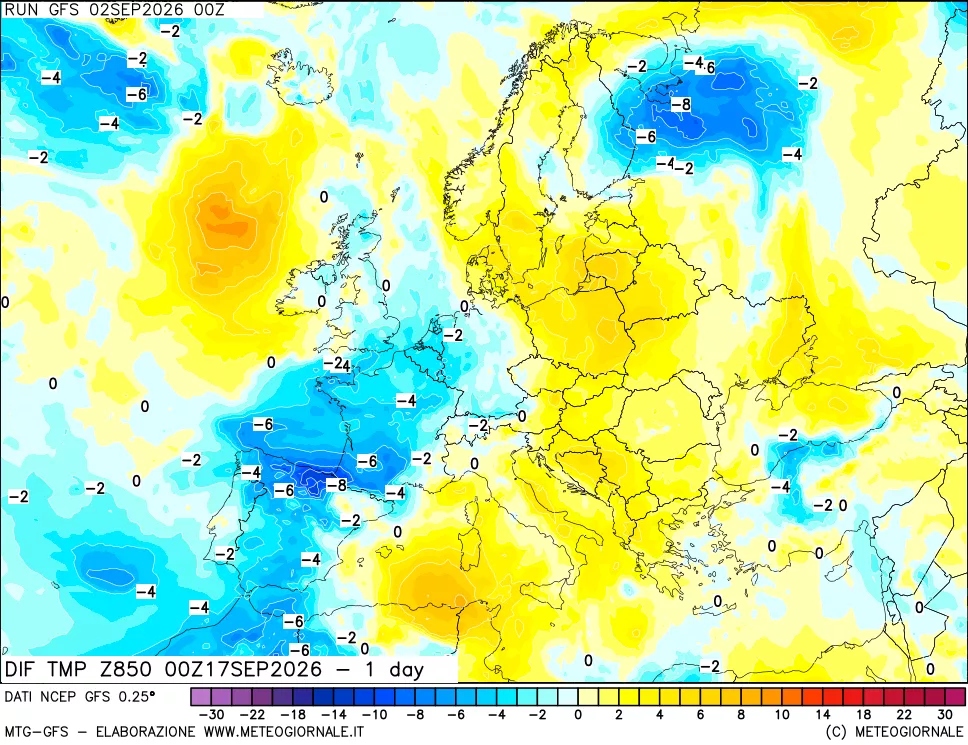mappa 850 hPA Dif. Temp -24 ore