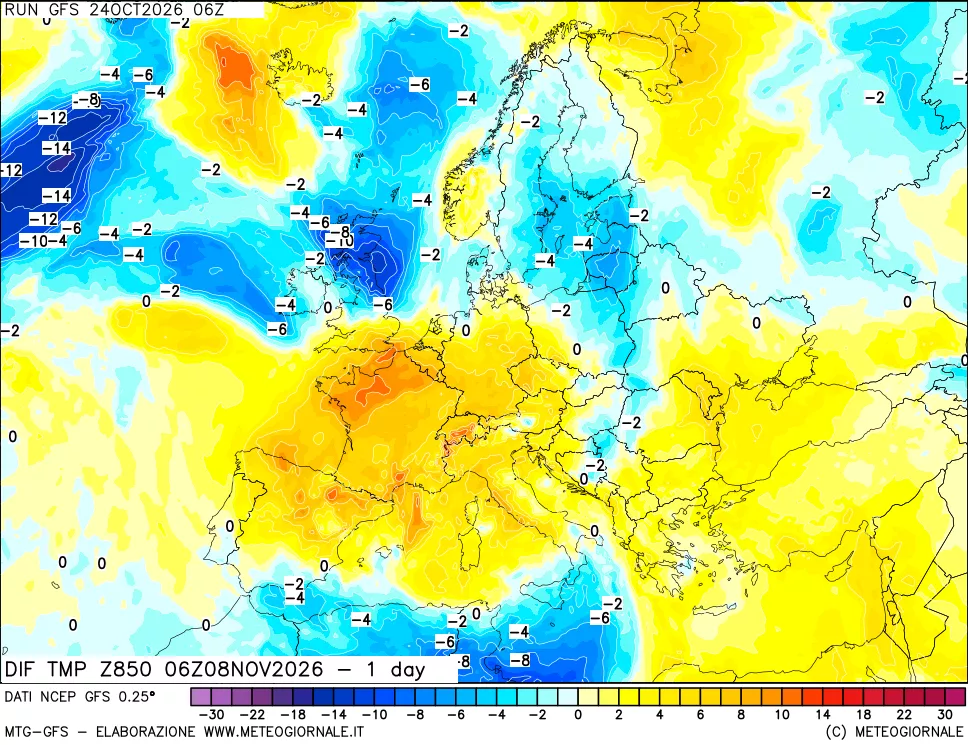 mappa Dif. Temp a 850 hPa Valid - 1 day