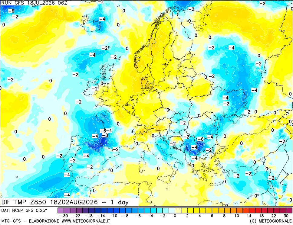 mappa Dif. Temp a 850 hPa Valid - 1 day