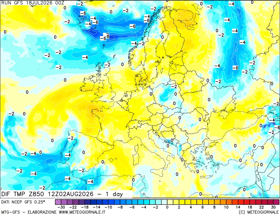 mappa Dif. Temp a 850 hPa Valid - 1 day