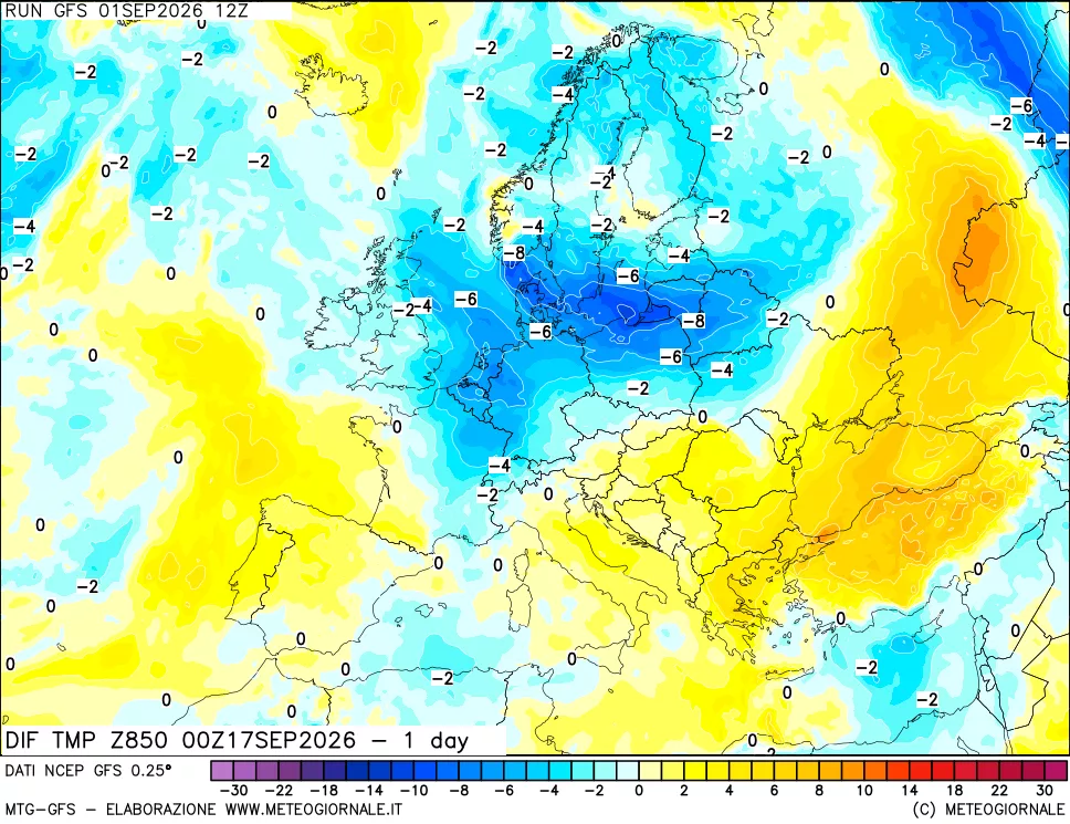 mappa 850 hPA Dif. Temp -24 ore