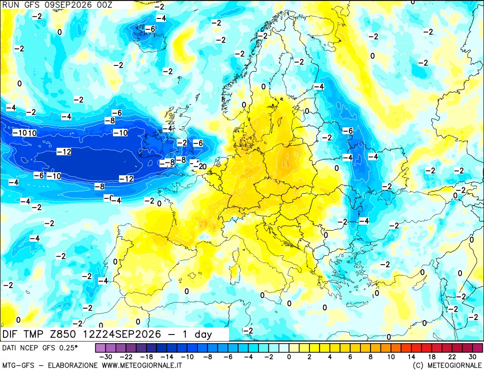 mappa Dif. Temp a 850 hPa Valid - 1 day