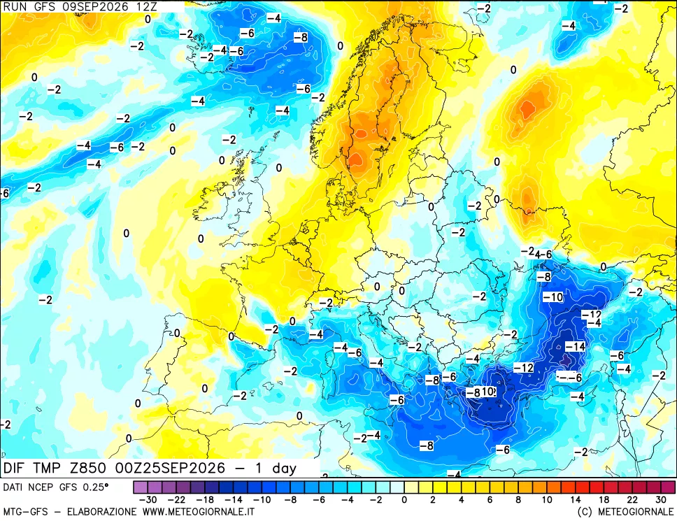 mappa 850 hPA Dif. Temp -24 ore