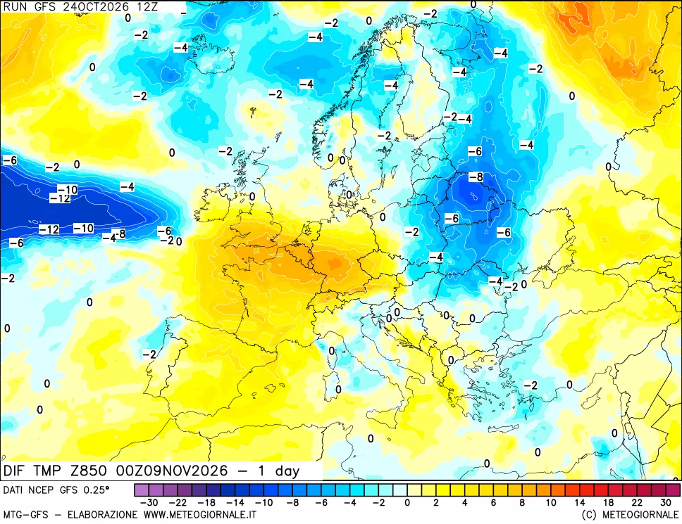 mappa 850 hPA Dif. Temp -24 ore