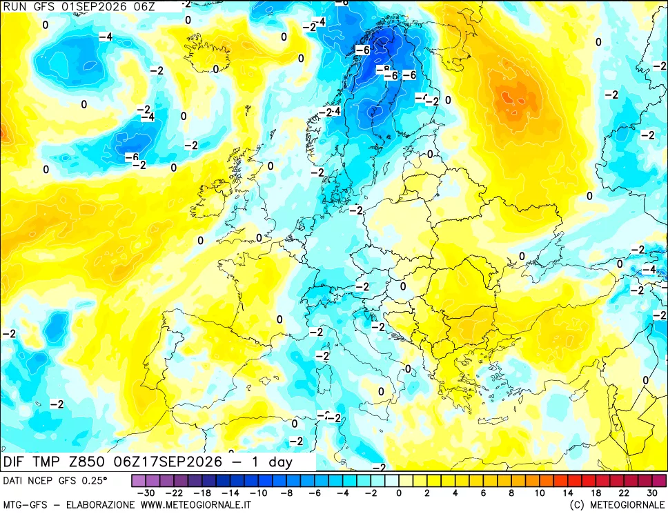mappa Dif. Temp a 850 hPa Valid - 1 day