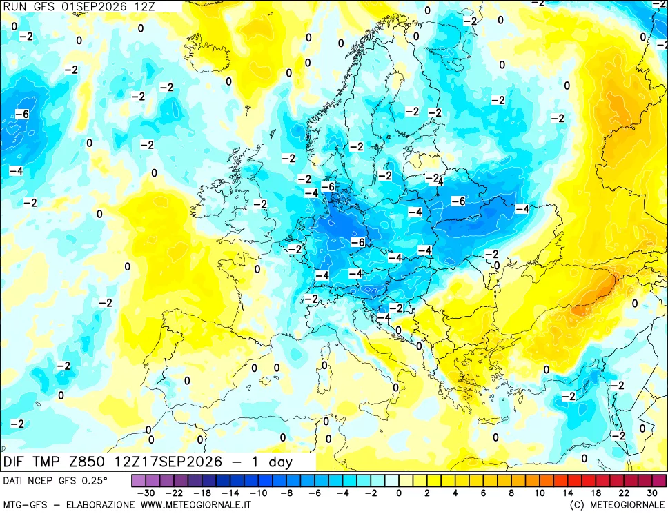 mappa 850 hPA Dif. Temp -24 ore