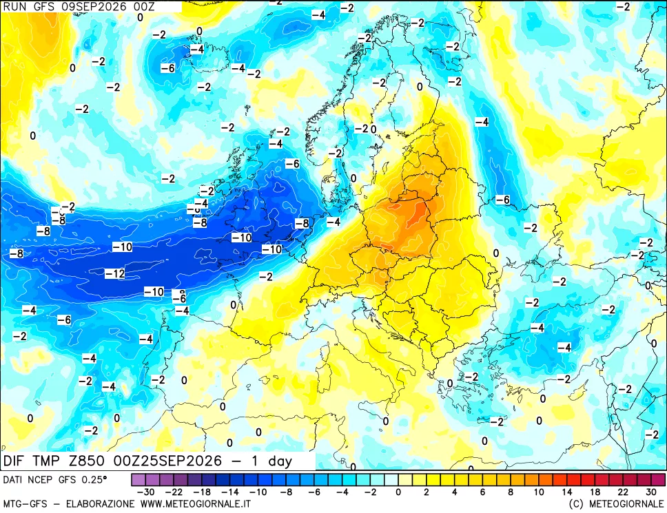 mappa Dif. Temp a 850 hPa Valid - 1 day