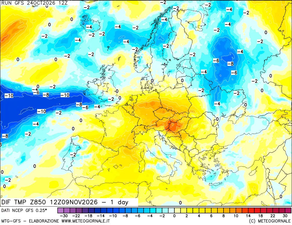 mappa Dif. Temp a 850 hPa Valid - 1 day